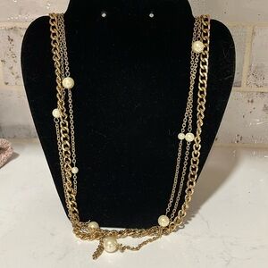 Elegant Long Gold Plated and Pearl Necklace